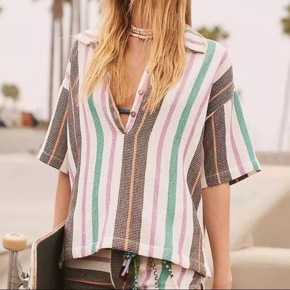 Free People Endless Summer Soleil Time Striped Waffle Knit Boxy Henley Polo XS - Picture 11 of 11